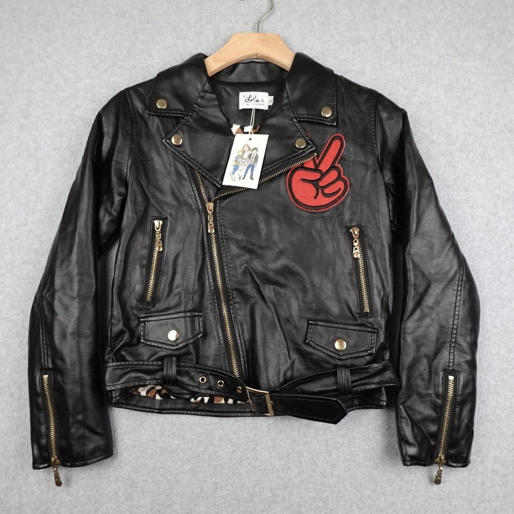 Lola And The Boys Patches Vegan Leather Jacket Girl's 12 Black Leopard Lined